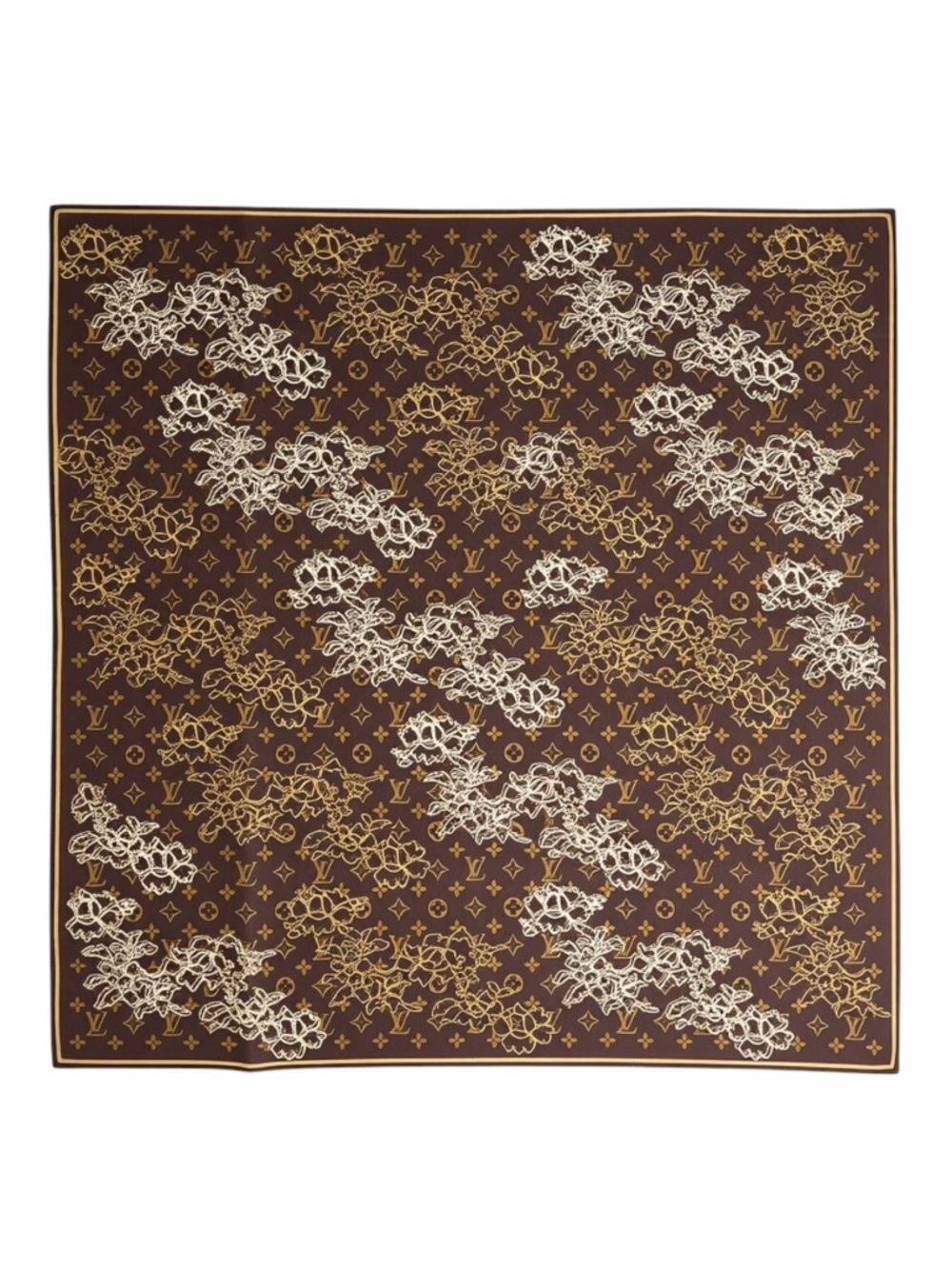 Louis Vuitton Dentelle Monogram Silk Scarf Brown Gold Large 35” Square Italy